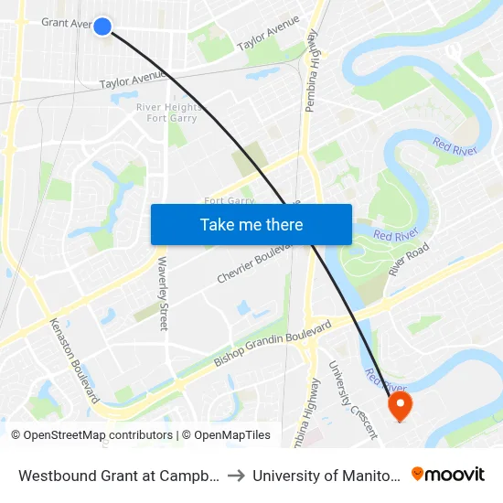 Westbound Grant at Campbell to University of Manitoba map