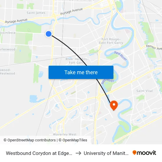 Westbound Corydon at Edgeland to University of Manitoba map