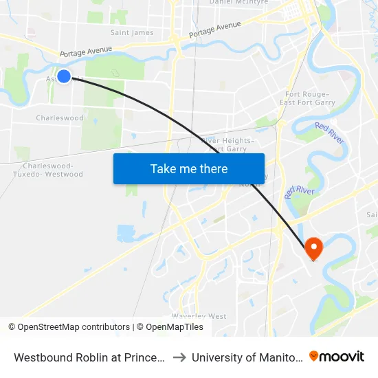 Westbound Roblin at Princeton to University of Manitoba map