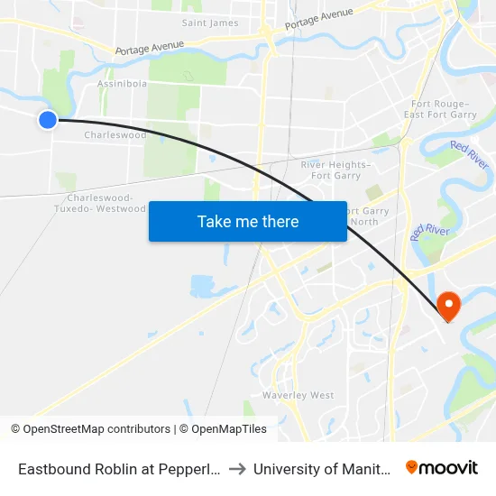Eastbound Roblin at Pepperloaf to University of Manitoba map