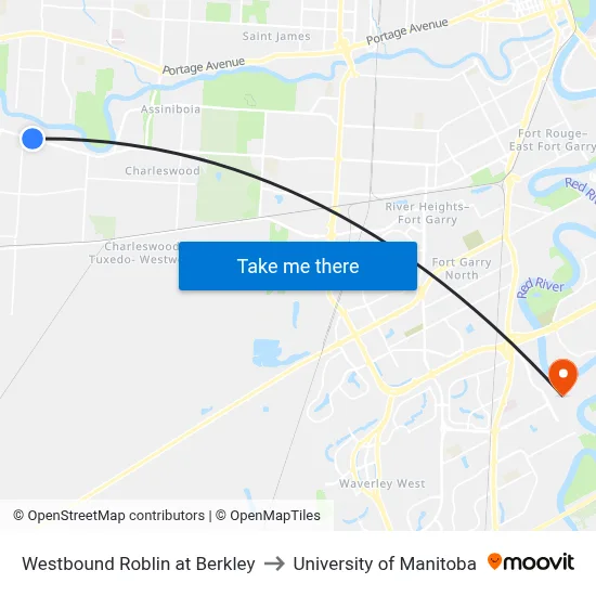 Westbound Roblin at Berkley to University of Manitoba map