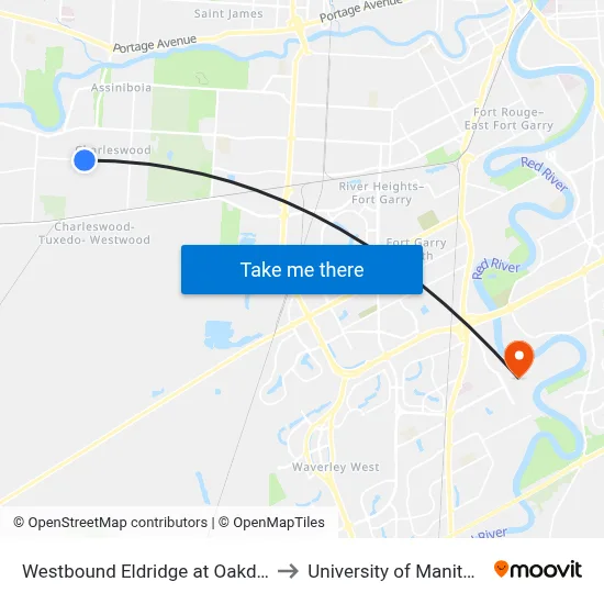 Westbound Eldridge at Oakdale to University of Manitoba map