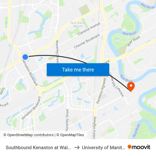 Southbound Kenaston at Wal-Mart to University of Manitoba map