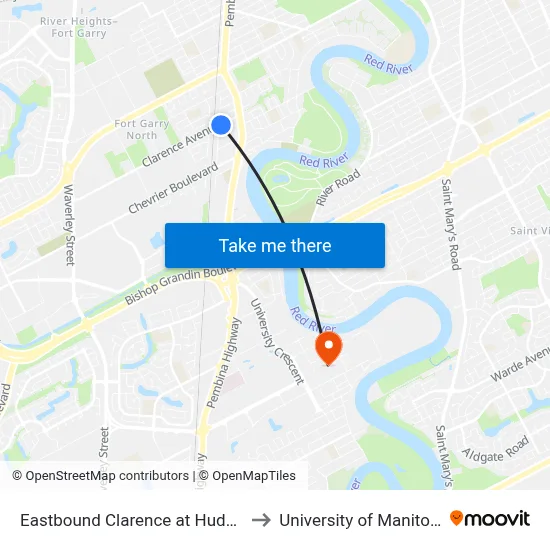 Eastbound Clarence at Hudson to University of Manitoba map