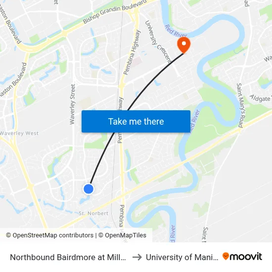 Northbound Bairdmore at Millstream to University of Manitoba map
