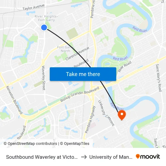 Southbound Waverley at Victor Lewis to University of Manitoba map