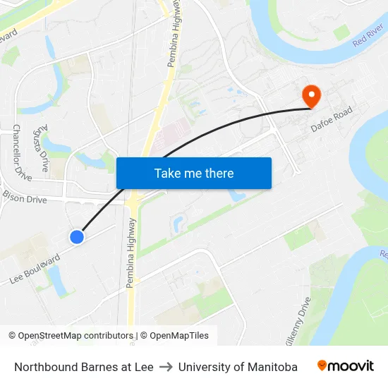 Northbound Barnes at Lee to University of Manitoba map