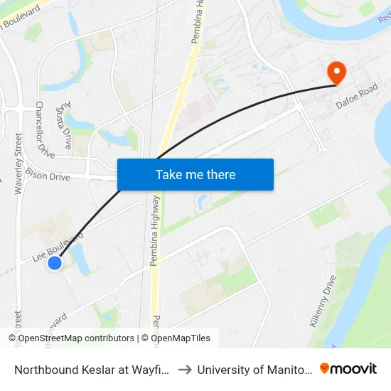 Northbound Keslar at Wayfield to University of Manitoba map