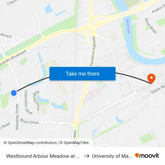Westbound Arbour Meadow at Bridgeland to University of Manitoba map