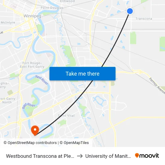 Westbound Transcona at Plessis to University of Manitoba map