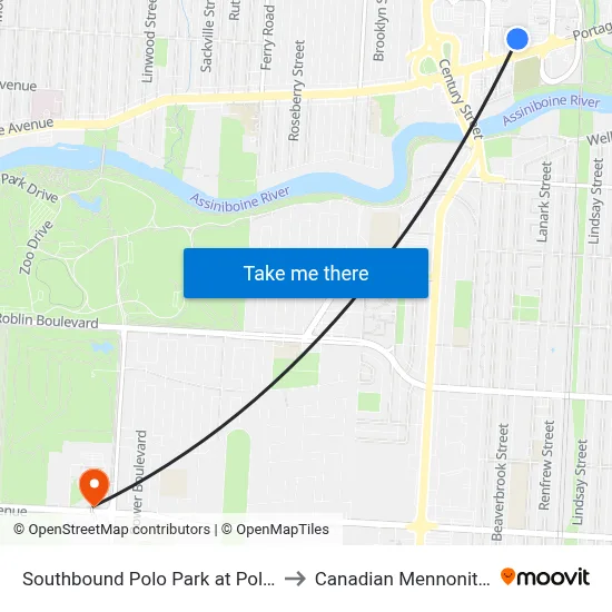 Southbound Polo Park at Polo Park Hub (70) to Canadian Mennonite University map