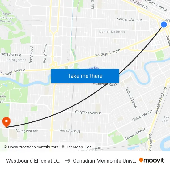 Westbound Ellice at Donald to Canadian Mennonite University map