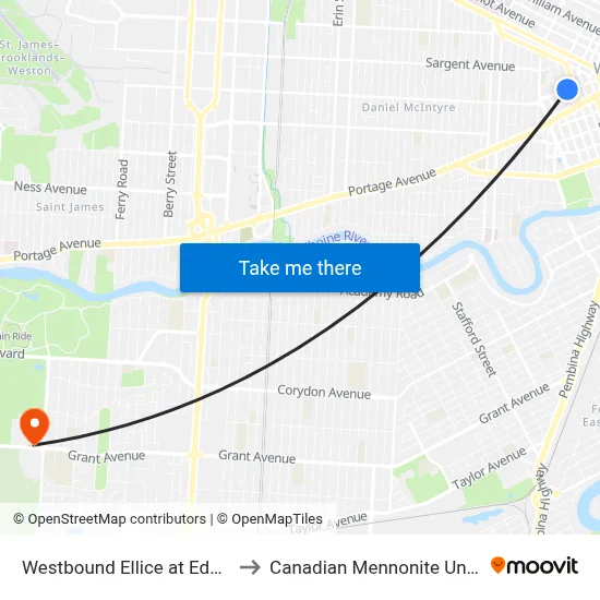 Westbound Ellice at Edmonton to Canadian Mennonite University map