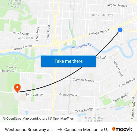 Westbound Broadway at Maryland to Canadian Mennonite University map
