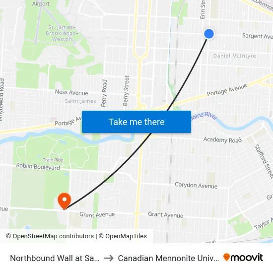 Northbound Wall at Sargent to Canadian Mennonite University map