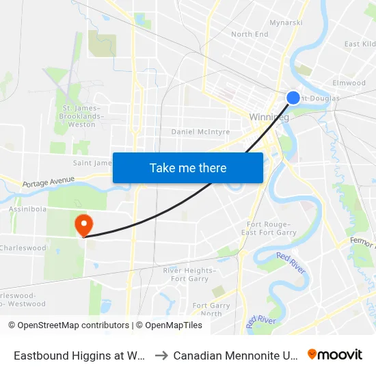 Eastbound Higgins at Waterfront to Canadian Mennonite University map