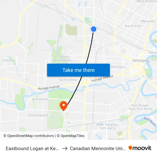 Eastbound Logan at Keewatin to Canadian Mennonite University map
