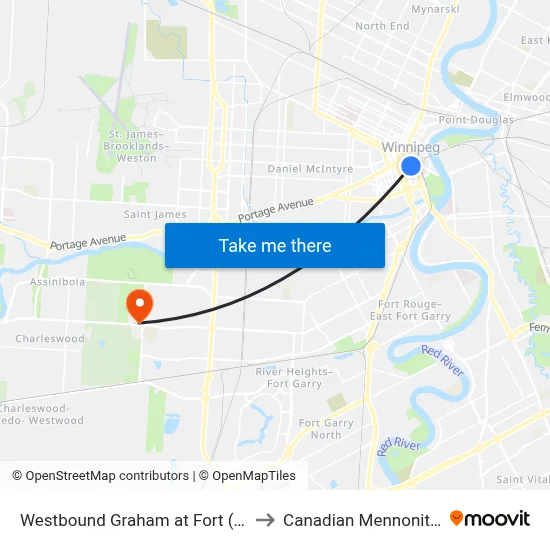 Westbound Graham at Fort (Portage & Main) to Canadian Mennonite University map