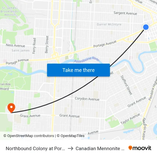 Northbound Colony at Portage North to Canadian Mennonite University map
