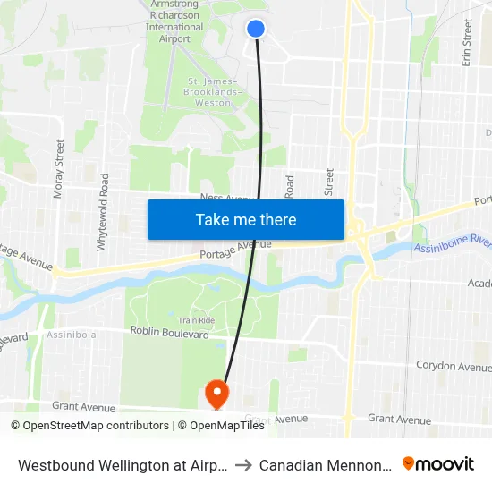 Westbound Wellington at Airport Terminal (D13) to Canadian Mennonite University map