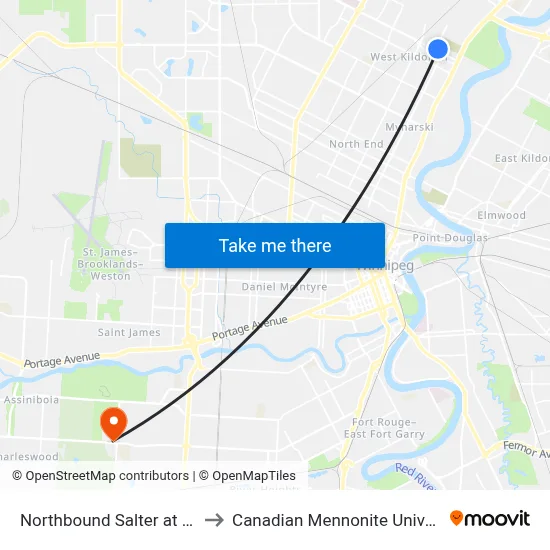 Northbound Salter at Leila to Canadian Mennonite University map