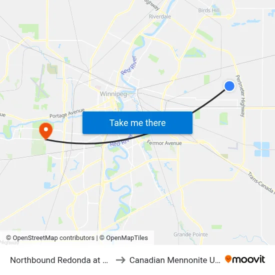 Northbound Redonda at Mcmeans to Canadian Mennonite University map