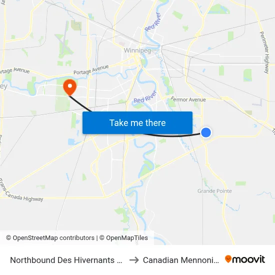 Northbound Des Hivernants at Cinnamon Teal to Canadian Mennonite University map