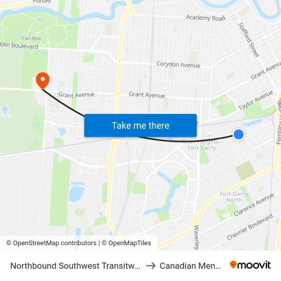 Northbound Southwest Transitway at Beaumont Station (D11) to Canadian Mennonite University map