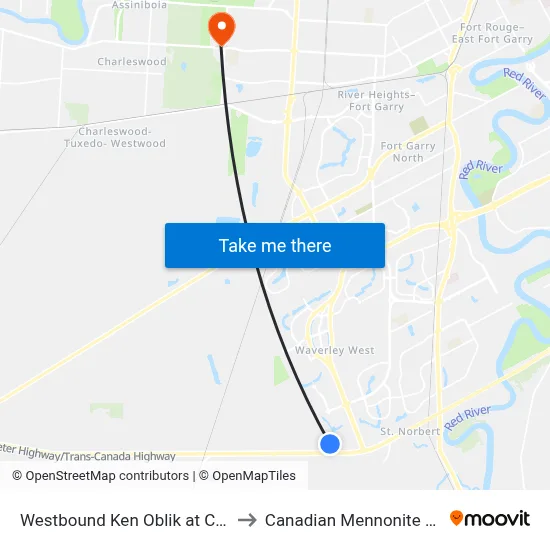 Westbound Ken Oblik at Crystal Lake to Canadian Mennonite University map