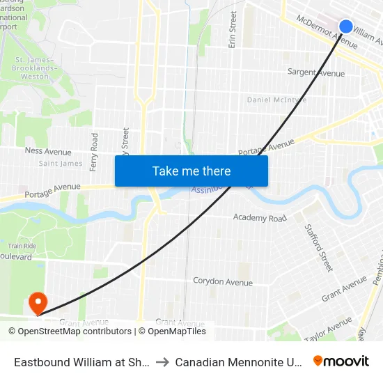 Eastbound William at Sherbrook to Canadian Mennonite University map