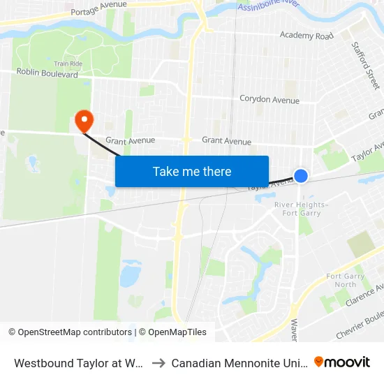 Westbound Taylor at Waverley to Canadian Mennonite University map