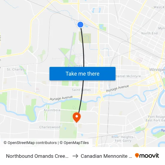 Northbound Omands Creek at Winfield to Canadian Mennonite University map