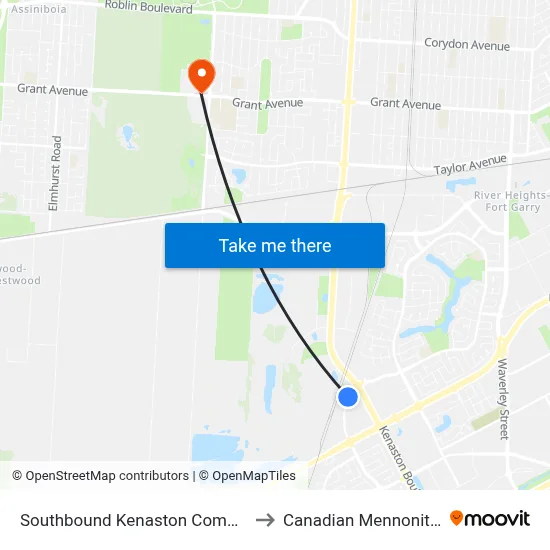 Southbound Kenaston Common at Kenaston to Canadian Mennonite University map