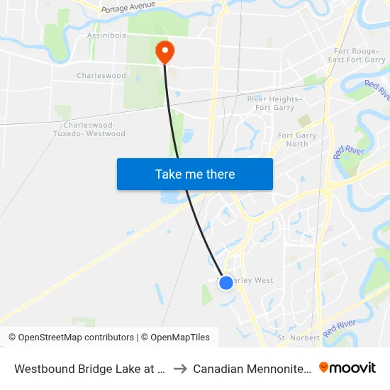 Westbound Bridge Lake at Willow Creek to Canadian Mennonite University map