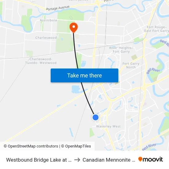 Westbound Bridge Lake at Water Bend to Canadian Mennonite University map