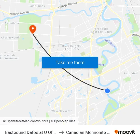 Eastbound Dafoe at U Of M Station to Canadian Mennonite University map