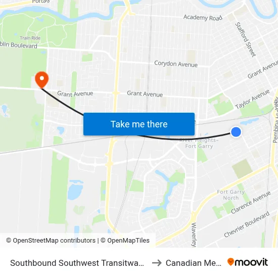 Southbound Southwest Transitway at Beaumont Station (Routes 641, 677) to Canadian Mennonite University map