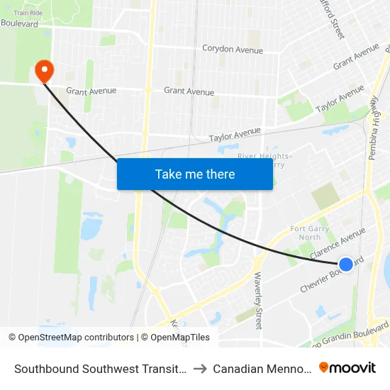 Southbound Southwest Transitway at Chevrier Station to Canadian Mennonite University map