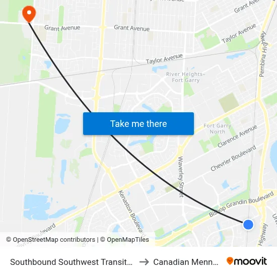 Southbound Southwest Transitway at Chancellor Station to Canadian Mennonite University map
