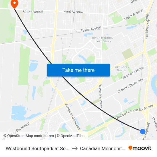 Westbound Southpark at Southpark Station to Canadian Mennonite University map