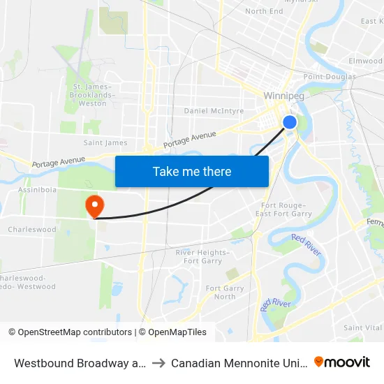 Westbound Broadway at Main to Canadian Mennonite University map