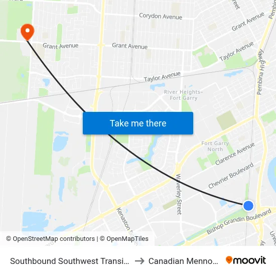 Southbound Southwest Transitway at Plaza Station to Canadian Mennonite University map