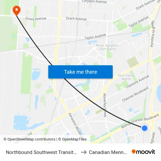 Northbound Southwest Transitway at Chancellor Station to Canadian Mennonite University map
