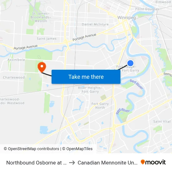 Northbound Osborne at Morley to Canadian Mennonite University map
