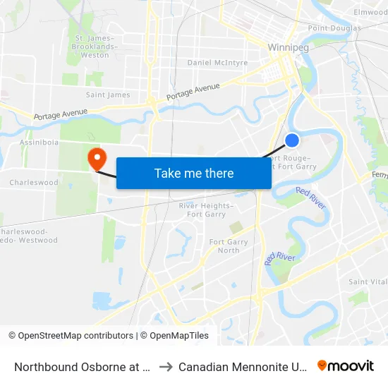 Northbound Osborne at Brandon to Canadian Mennonite University map