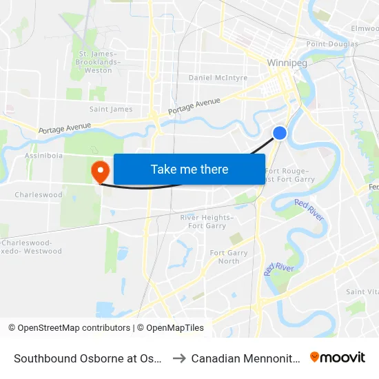 Southbound Osborne at Osborne Junction to Canadian Mennonite University map