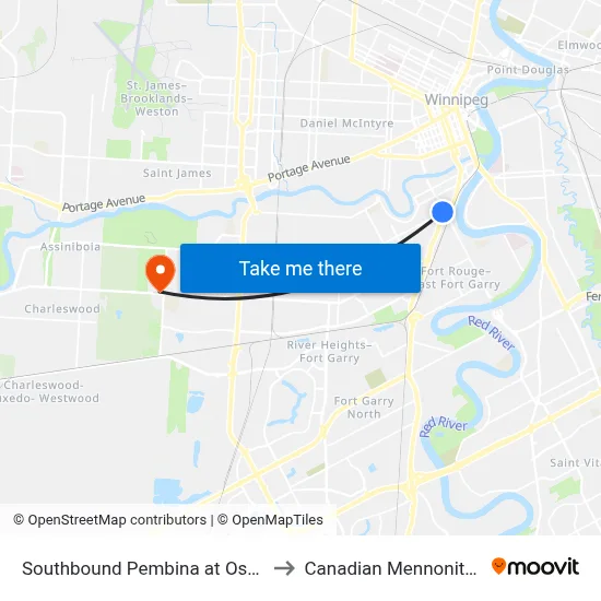 Southbound Pembina at Osborne Junction to Canadian Mennonite University map