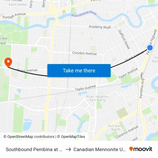 Southbound Pembina at Scotland to Canadian Mennonite University map