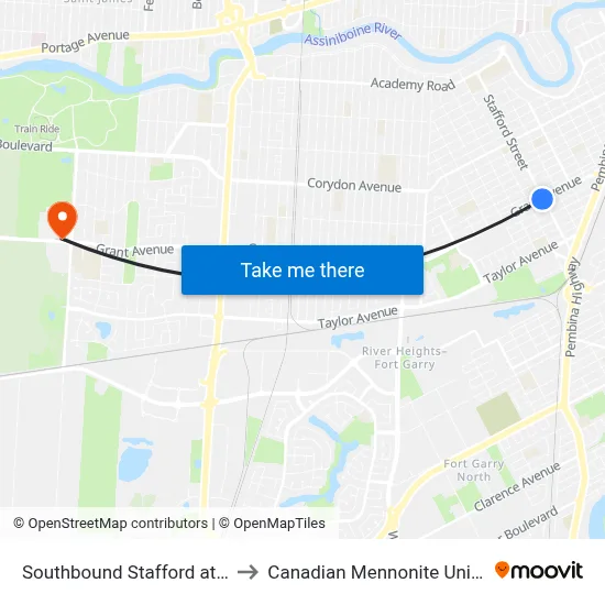Southbound Stafford at Grant to Canadian Mennonite University map