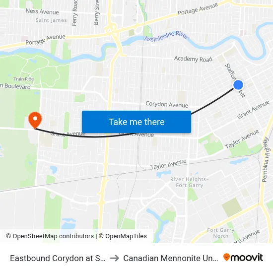 Eastbound Corydon at Stafford to Canadian Mennonite University map